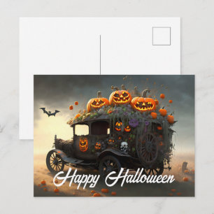 Vintage Automobil und Kürbisse Halloween Postkarte