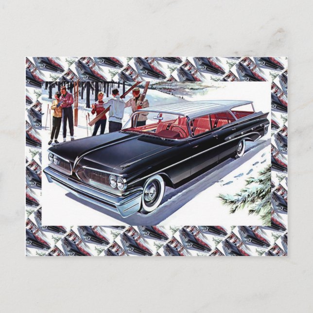 Vintage Autoverwerbung, Skifahren mit dem Auto Postkarte (Vorderseite)