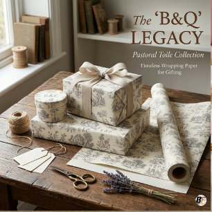 Vintage B&Q Monogramm Toile-Landhaus-Szene Geschen Geschenkpapier