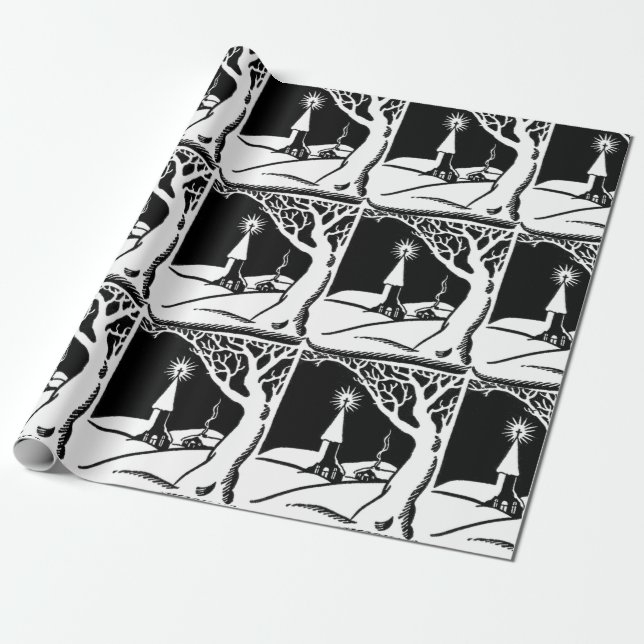 Vintage B&W Winter-Kirche (Lge. Bild) Geschenkpapier (Ungerollt)