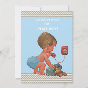 Vintage-Baby am Telefon Graue Chevron-Muster Baby- Einladung