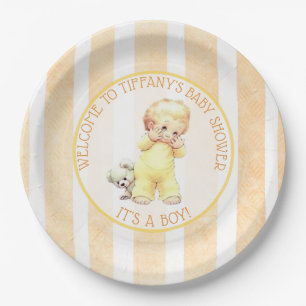 Vintage Baby Boy Yellow, Orange & Gray Baby Dusche Pappteller