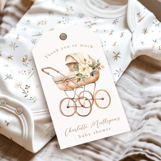 Vintage Baby Carriage Neutral Baby Dusche Gefallen Geschenkanhänger (Vintage baby carriage floral baby shower thank you favor tags.)