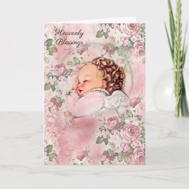 Vintage Baby Girl Religious Pink Roses Card Karte (Vorderseite)