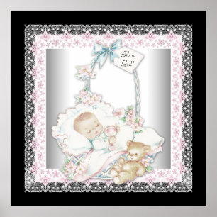 Vintage Baby Mädchen Teddybär Rosa Baby Mädchen Poster