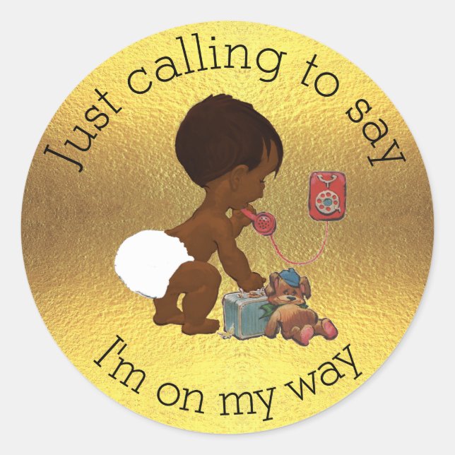 Vintage Baby on Phone Faux Gold Foil Baby Dusche Runder Aufkleber (Vorderseite)