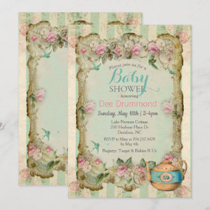 Vintage-Baby-Party-Blumentee-Einladung Einladung