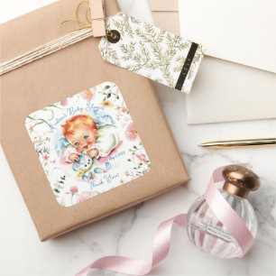 Vintage-Baby-Party für kleine Mädchen aus Papier Quadratischer Aufkleber