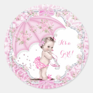 Vintage-Baby-Party Mädchen Blumen Rosa Regenschirm Runder Aufkleber
