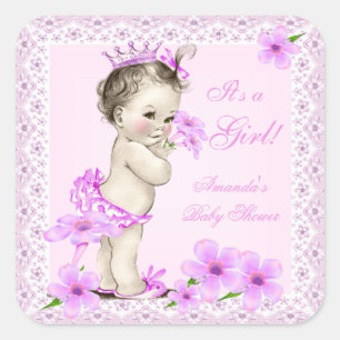 Vintage-Baby-Party Mädchen Hübsche rosa Blumen Quadratischer Aufkleber