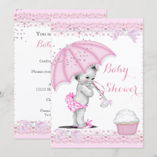 Vintage-Baby-Party Mädchen Rosa Regenschirm Cupcak Einladung