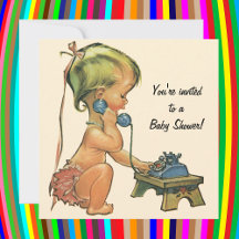 Vintage-Baby-Party, Süßes Mädchen am Telefon Einla