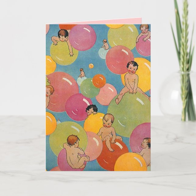 Vintage Babydusche auf bunten Blasen Ankündigung (Vorderseite)