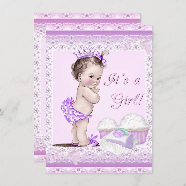 Vintage Babydusche Girl Lavender Lace Cupcakes Einladung (Vorne/Hinten)