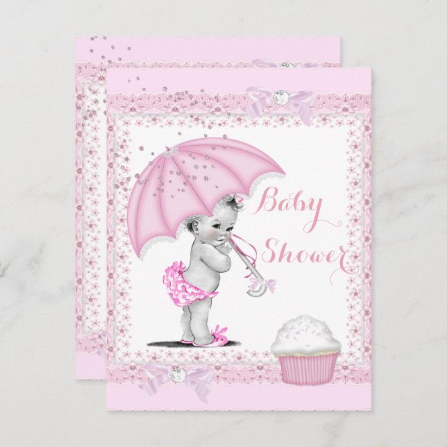 Vintage Babydusche Girl Rosa Regenschirm Cupcake Einladung (Vorne/Hinten)