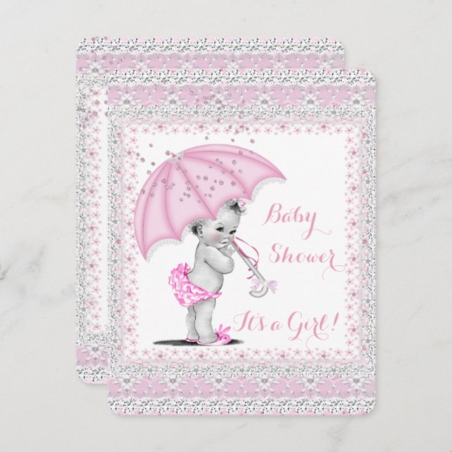 Vintage Babydusche Mädchen Rosa Sprinkle Schirm Einladung (Vorne/Hinten)