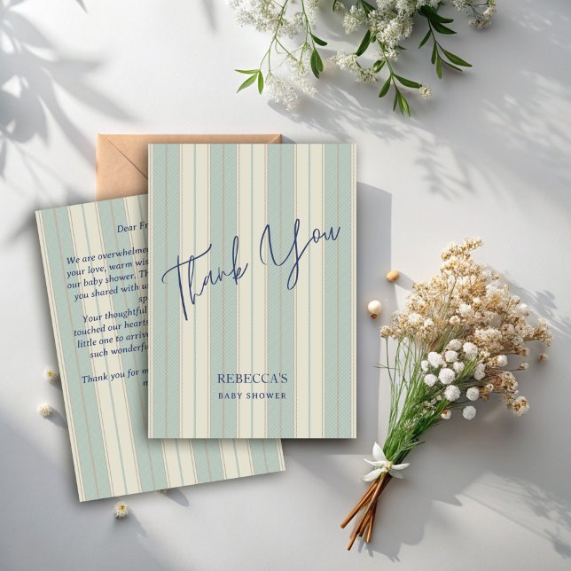 Vintage Babydusche mit dunkelblauen Retrostreifen Dankeskarte (Dusty blue retro stripes vintage baby shower thank you cards stripped thank you cards)
