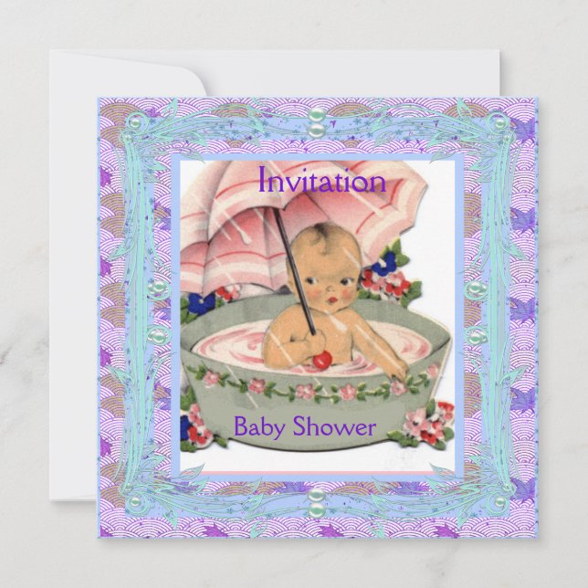 Vintage Babydusche Rosa Blau Einladung (Vorderseite)
