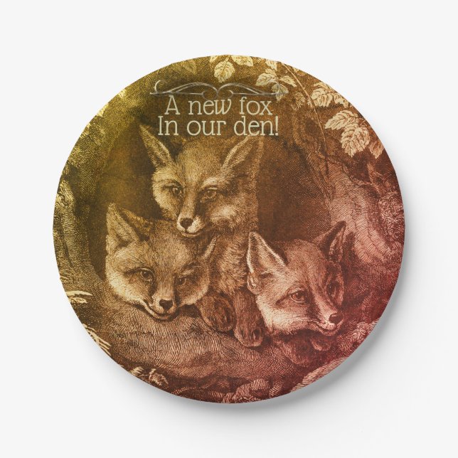 Vintage Babyfuchs-Waldbraun-Babydusche Pappteller (Vorderseite)