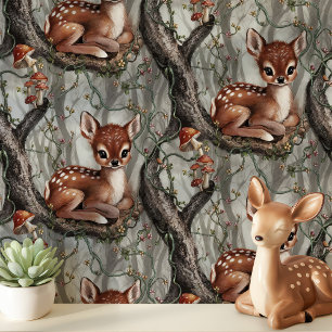 Vintage-Babyhirsch-mit-Pilzen-Kinderzimmer Tapete