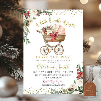 Vintage Babykarre Florale Weihnachts-Baby-Party Einladung