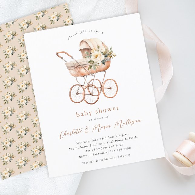 Vintage Babytragen Neutrale Paare Babydusche (Vintage baby carriage gender neutral budget baby shower invitation.)