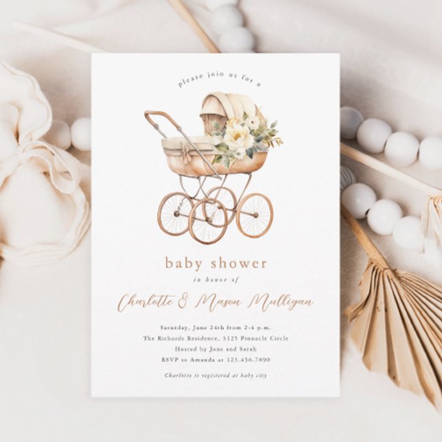 Vintage Babytragen Neutrale Paare Babydusche Einladung (Vintage baby carriage gender neutral floral boho couples baby shower invitations.)
