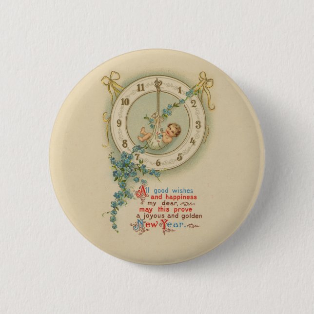 Vintage Babyuhr für neue Jahre Button (Vorderseite)