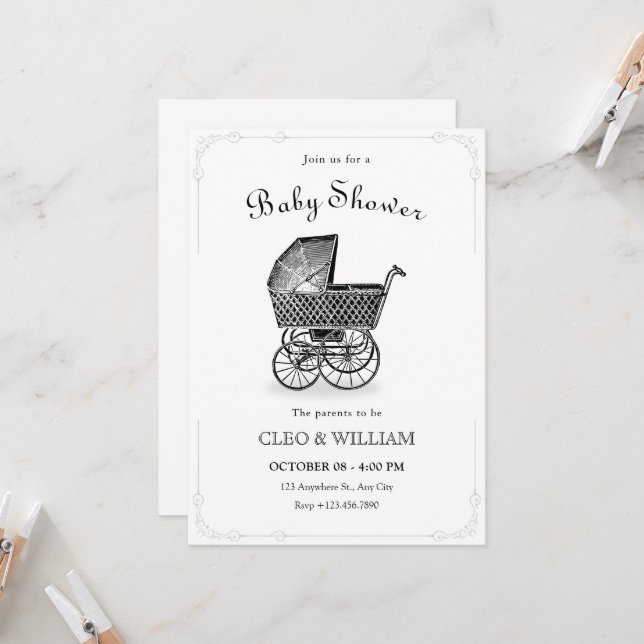 Vintage Babywanne Einladung (Vorderseite/Rückseite Beispiel)