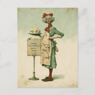 Vintage Bäckerin mit Geburtstagskuchen Postkarte