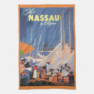 Vintage-Bahamas-Reise-Kunst, Fliege nach Nassau mi Geschirrtuch