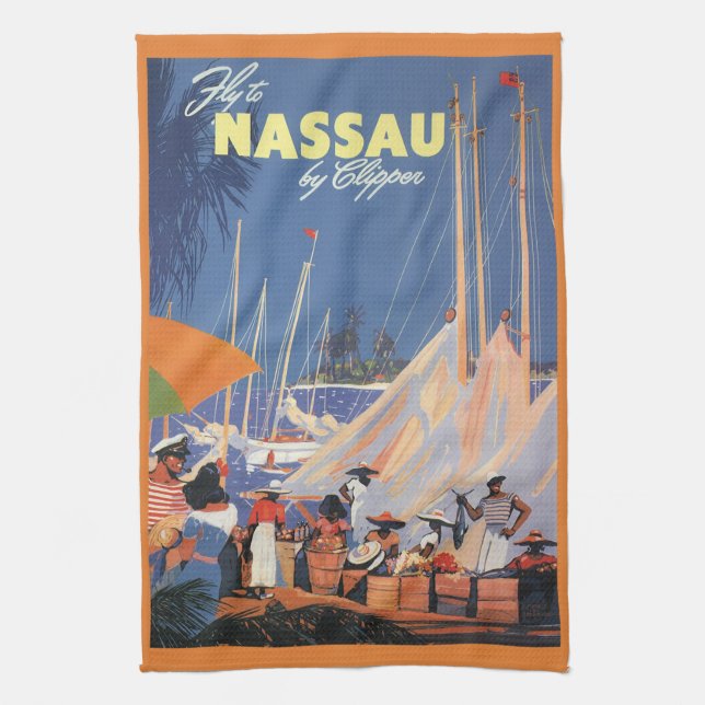 Vintage Bahamas Reisen Kunst, Fliegen Nassau von C Geschirrtuch (Vertikal)