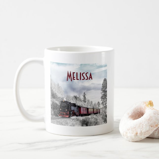 Vintage Bahn Winterweihnachtszene Kaffeetasse (Mit Donut)