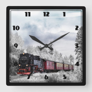 Vintage Bahn Winterweihnachtszene Quadratische Wanduhr