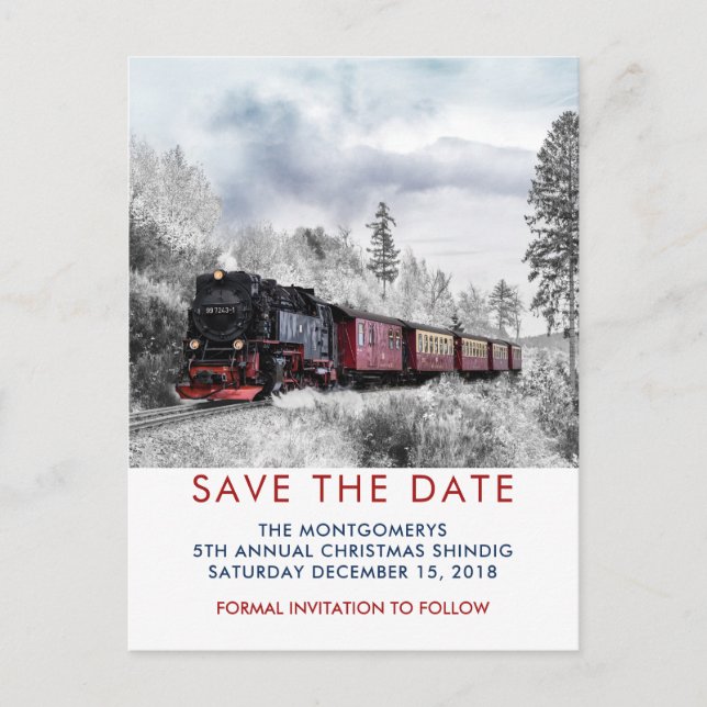 Vintage Bahn Winterweihnachtszene Save the Date Postkarte (Vorderseite)
