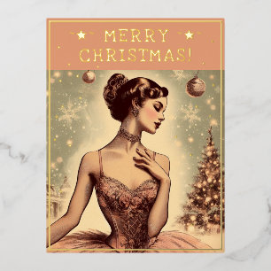 Vintage-Balletttänzerin-Weihnachtsthema-Grüße Retr Folien Feiertagspostkarte