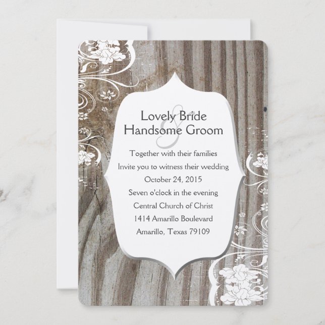 Vintage Banded Wood Shabby Lace Hochzeit Einladung (Vorderseite)