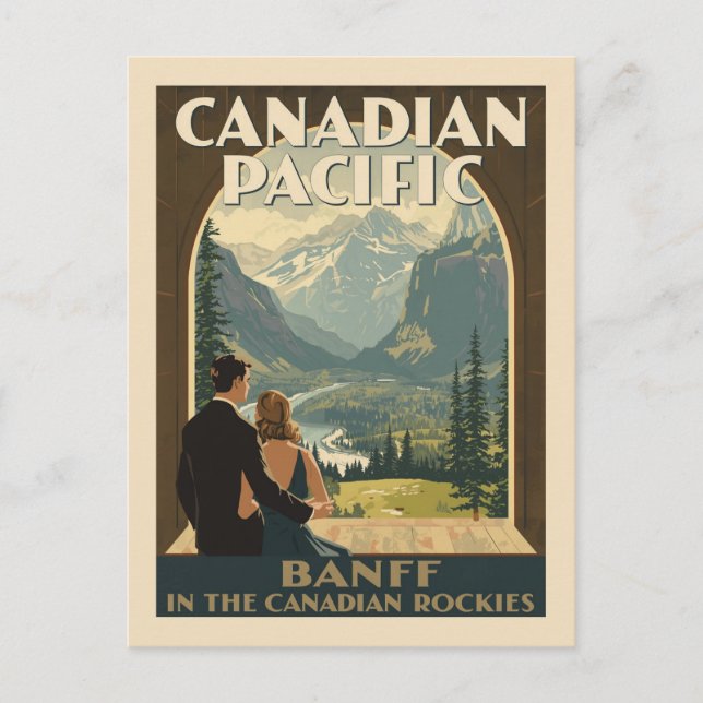 Vintage Banff Rockies Travel Poster Art Deco Postkarte (Vorderseite)