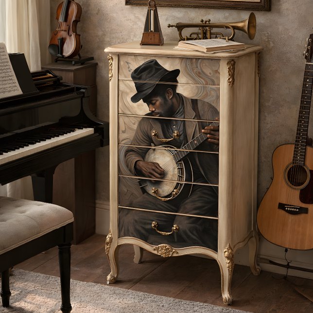 Vintage Banjo Musician w/ Swirling Notes Decoupage Seidenpapier (Vintage Banjo Musician with Swirling Notes Decoupage Tissue Paper)