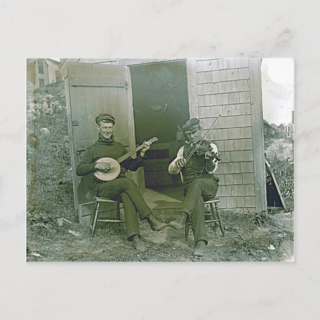 Vintage Banjo- und Fiddle-Spieler in Nantucket Postkarte (Vorderseite)