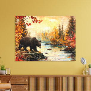 Vintage-Bär am Bach Herbstlaub 32x24 Leinwanddruck