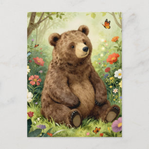 Vintage-Bär und Schmetterlinge in einem Garten Postkarte