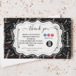 Vintage Barbershop Tools Pattern Dankeskarte<br><div class="desc">A bold vintage barbershop design featuring a classic pattern of barber poles, scissors, razors, combs, and grooming tools set against a deep charcoal background. The detailed illustration style creates a timeless barbershop aesthetic with subtle red, blue, and metallic accents that instantly evoke traditional grooming culture. At the center, a refined...</div>