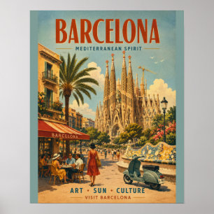 Vintage Barcelona Reiseplakat mit Mittelmeer Poster