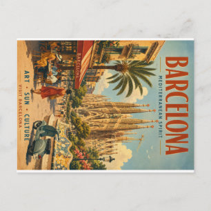 Vintage-Barcelona-Reiseposter mit Mittelmeer Feiertagspostkarte
