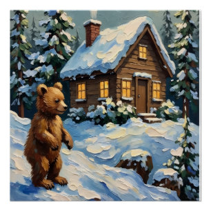 Vintage Bärenjunges an schneebedeckter Weihnachtst Poster