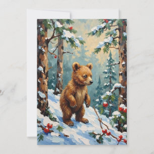 Vintage Bärenjunges im schneebedeckten Kiefernwald Feiertagskarte