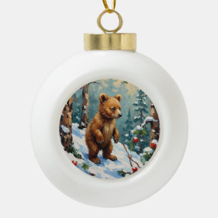 Vintage-Bärenjunges im schneebedeckten Kiefernwald Keramik Kugel-Ornament