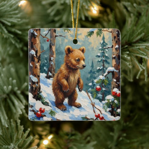 Vintage-Bärenjunges im schneebedeckten Kiefernwald Keramikornament