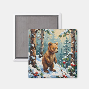 Vintage-Bärenjunges im schneebedeckten Kiefernwald Magnet